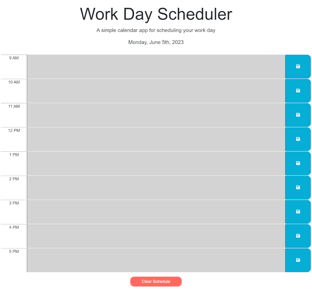 Screenshot of the Work Day Scheduler website